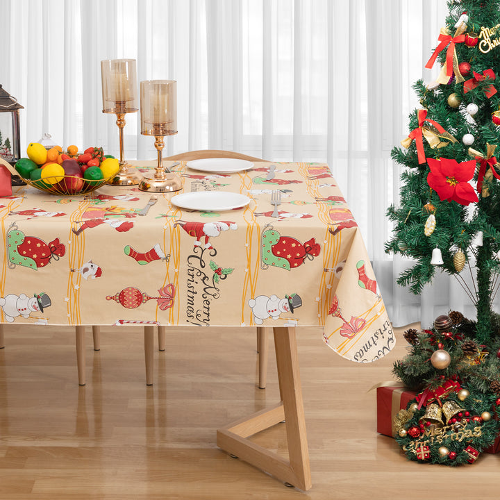 Christmas Tablecloth Santa Claus Vinyl Surface with Flannel Backing Oilcloth Waterproof holiday (Beige type)