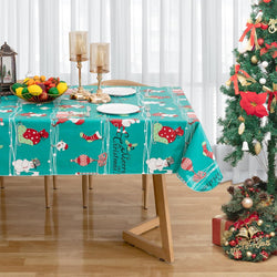 RAY STAR Christmas Santa and Snowman Green Tablecloth With Flannel Backing Round and Rectangle