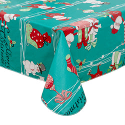 Christmas Tablecloth Santa Claus Gifts Vinyl Surface with Flannel Backing Oilcloth Waterproof holiday (Green type)