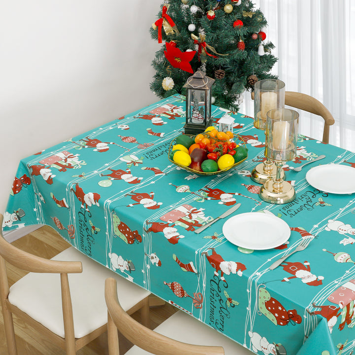 Christmas Tablecloth Santa Claus Gifts Vinyl Surface with Flannel Backing Oilcloth Waterproof holiday (Green type)