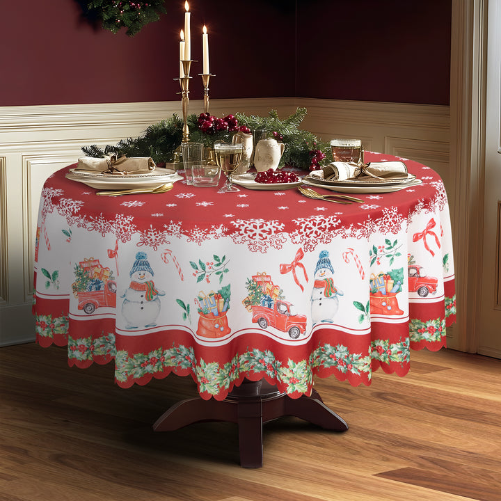 Christmas Vibrant beautiful Red Joy Tablecloth Vinyl Surface with Flannel Backing Oilcloth Waterproof Table Cover