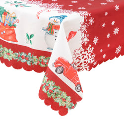 Christmas Vibrant beautiful Red Joy Tablecloth Vinyl Surface with Flannel Backing Oilcloth Waterproof Table Cover