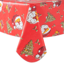 Happy Christmas PVC Tablecloth Happy Cute Santa Claus Vinyl Surface with Flannel Backing Oilcloth Waterproof holiday (Red type)