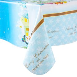 Christmas Blue Snowman Tablecloth Table Cover Vinyl Surface with Flannel Backing Oilcloth Waterproof holiday