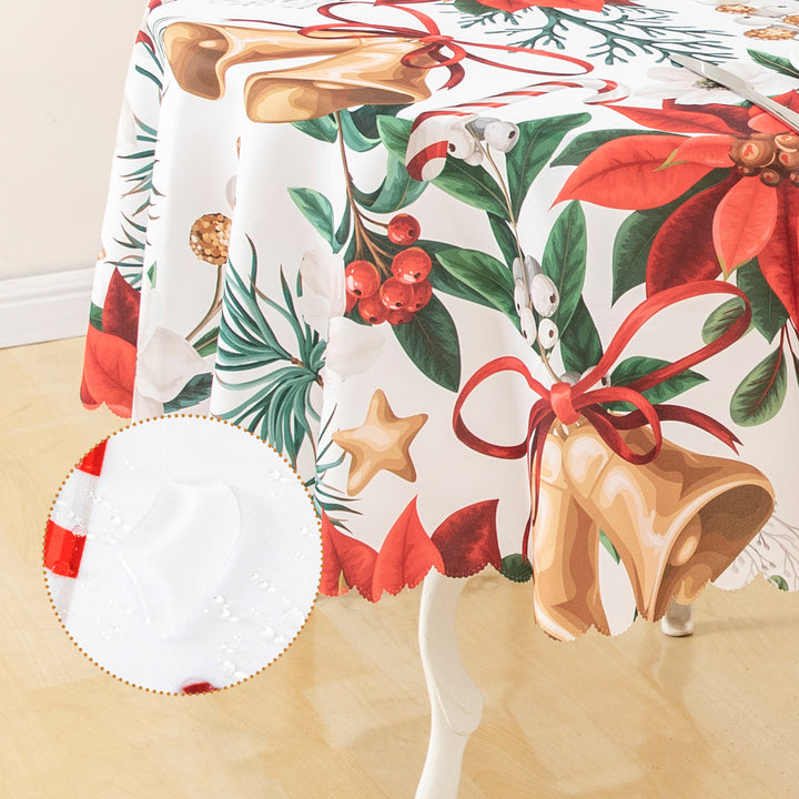 Christmas Bright Flower Bell Feast Polyester Tablecloth Vinyl Surface with Flannel Backing Oilcloth Waterproof holiday