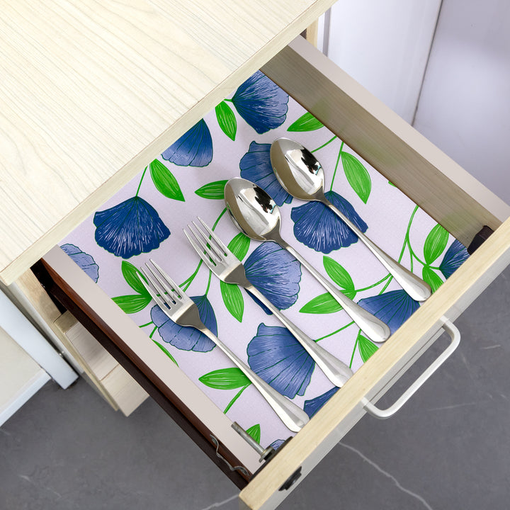 RAY STAR Four Leaf Clover Design Grip Shelf Liner Non Adhesive, Strong Grip Bottom, Easy Clean Kitchen Drawer, Cabinet, Cupboard Dresser Protector Cover（Blue ginkgo leaf)