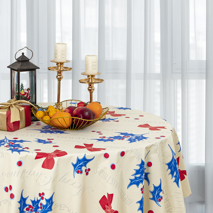 RAY STAR Beige base with blue berry small bow Tablecloth With Flannel Backing Round and Rectangle