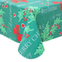 Christmas Tablecloth Vinyl surface with Flannel Backing Oilcloth Waterproof holiday time (Green)