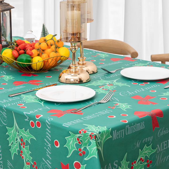 Christmas Tablecloth Vinyl surface with Flannel Backing Oilcloth Waterproof holiday time (Green)