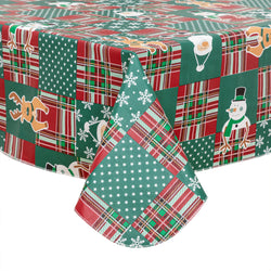 Christmas Cute elements Tablecloth Vinyl Surface with Flannel Backing Oilcloth Waterproof holiday (Green type)