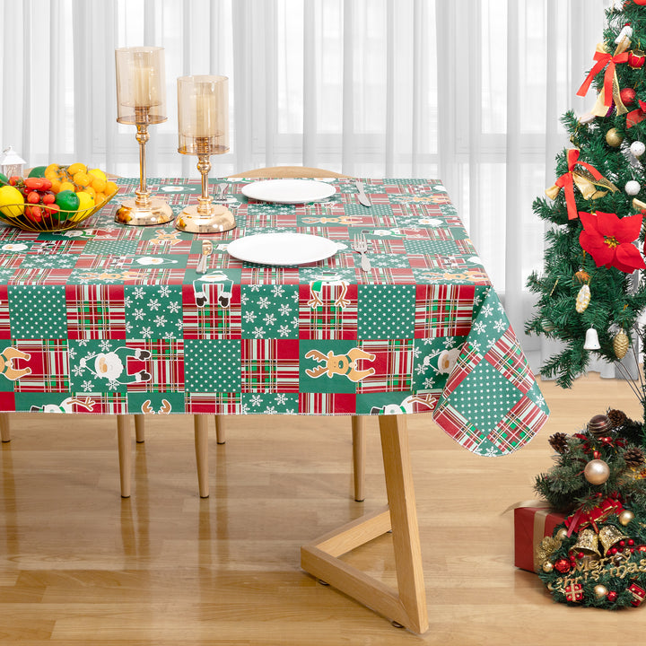 Christmas Cute elements Tablecloth Vinyl Surface with Flannel Backing Oilcloth Waterproof holiday (Green type)