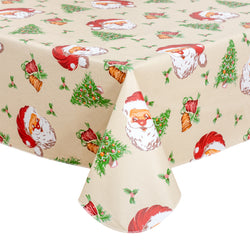 Christmas Tablecloth Happy Cute Santa Claus Vinyl Surface with Flannel Backing Oilcloth Waterproof holiday (Beige type)