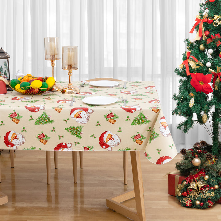 Christmas Tablecloth Happy Cute Santa Claus Vinyl Surface with Flannel Backing Oilcloth Waterproof holiday (Beige type)