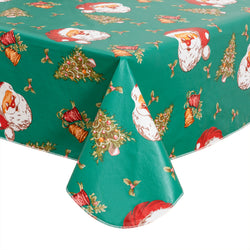 Christmas Tablecloth Happy Cute Santa Claus Vinyl Surface with Flannel Backing Oilcloth Waterproof holiday (Green type)