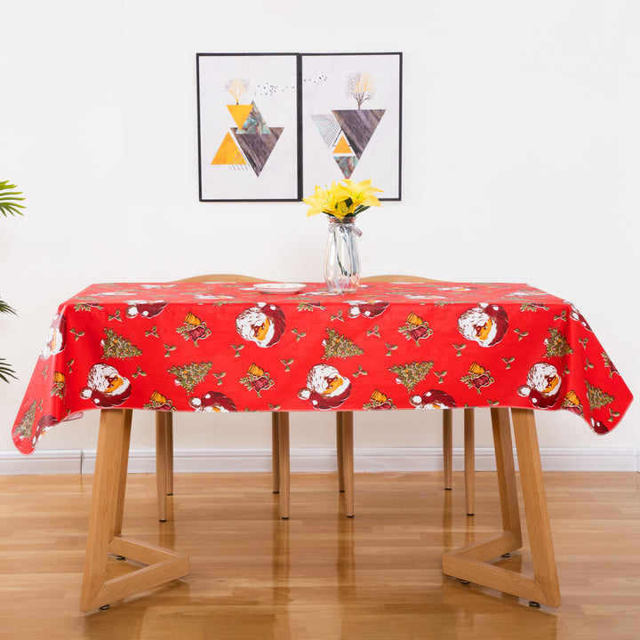 Christmas Santa Claus gift tablecloth Vinyl Surface with Flannel Backing Oilcloth Waterproof holiday(Red type)