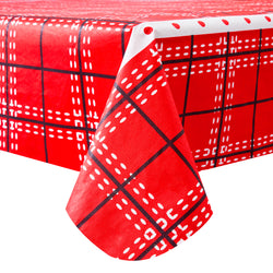 Christmas Red grid Tablecloth Vinyl Surface with Flannel Backing Oilcloth Waterproof holiday