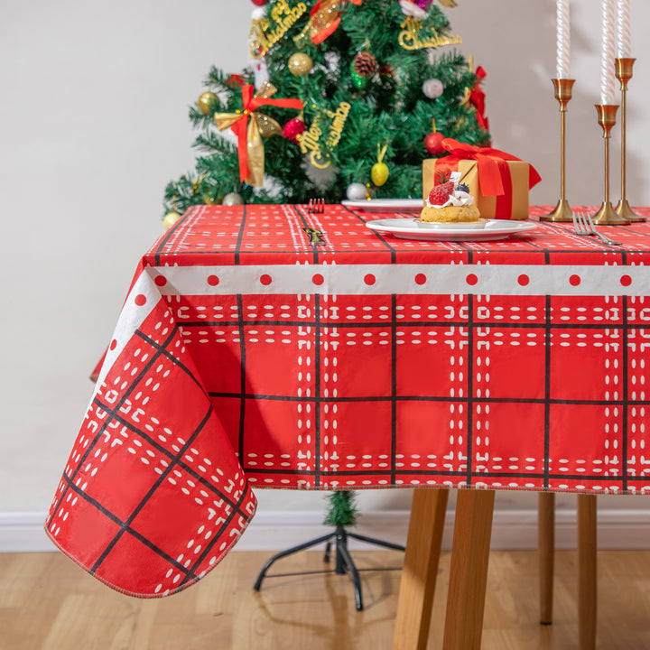 Christmas Red grid Tablecloth Vinyl Surface with Flannel Backing Oilcloth Waterproof holiday