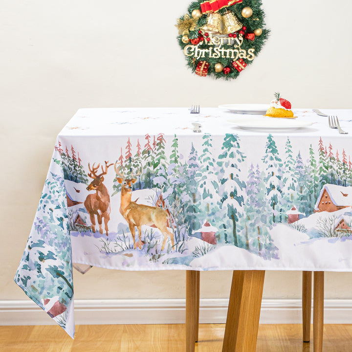 Christmas Reindeer Golden Snowflake Tablecloth Polyester Waterproof