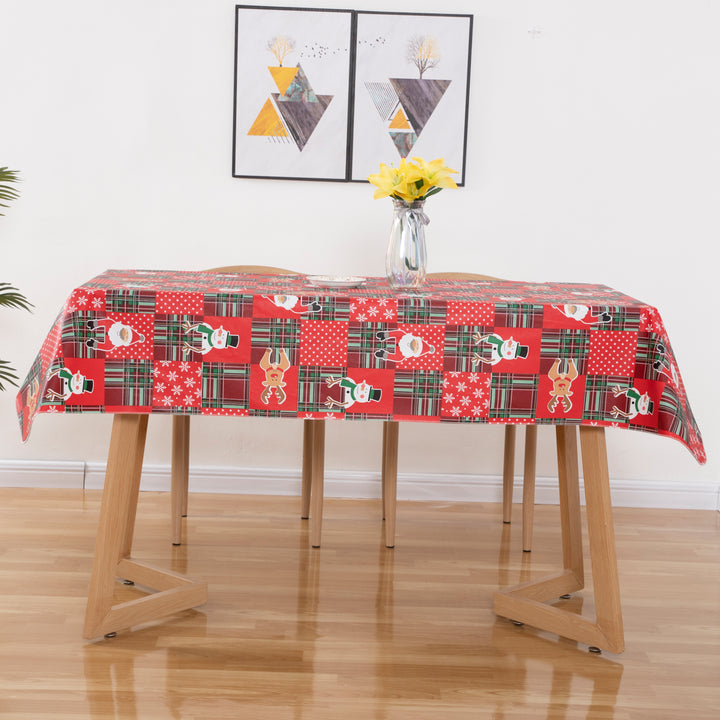 Christmas Cute elements Vinyl Tablecloth Happy Cute Santa Claus Vinyl Surface with Flannel Backing Oilcloth Waterproof holiday (Beige type)