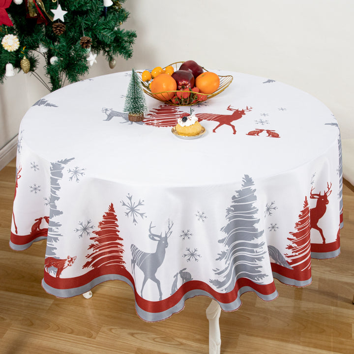 Christmas Deer snowy Tablecloth polyester surface with Flannel Backing Oilcloth Waterproof holiday floral plastic tablecloth